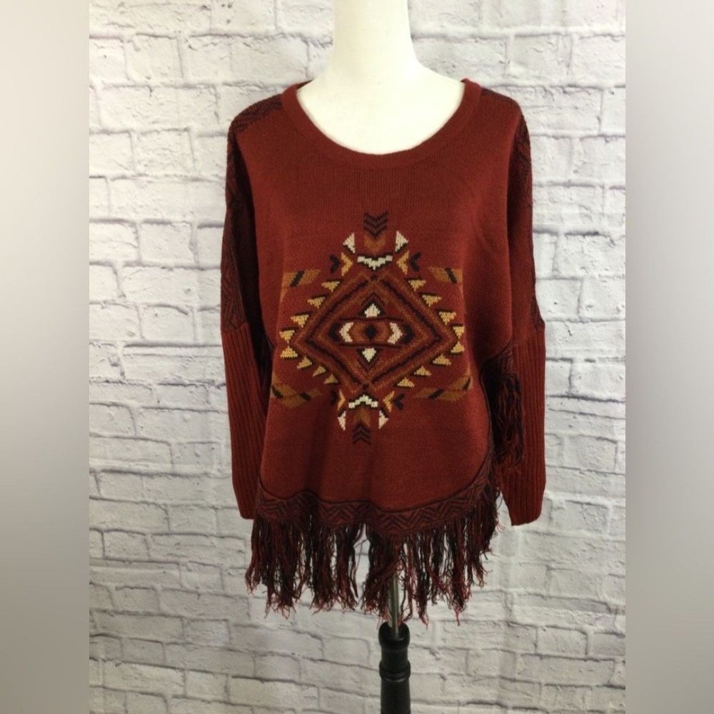 COTTON & RYE WOMEN'S‎ SOUTHWESTERN KNIT FRINGE PONCHO SIZE MEDIUM NWT